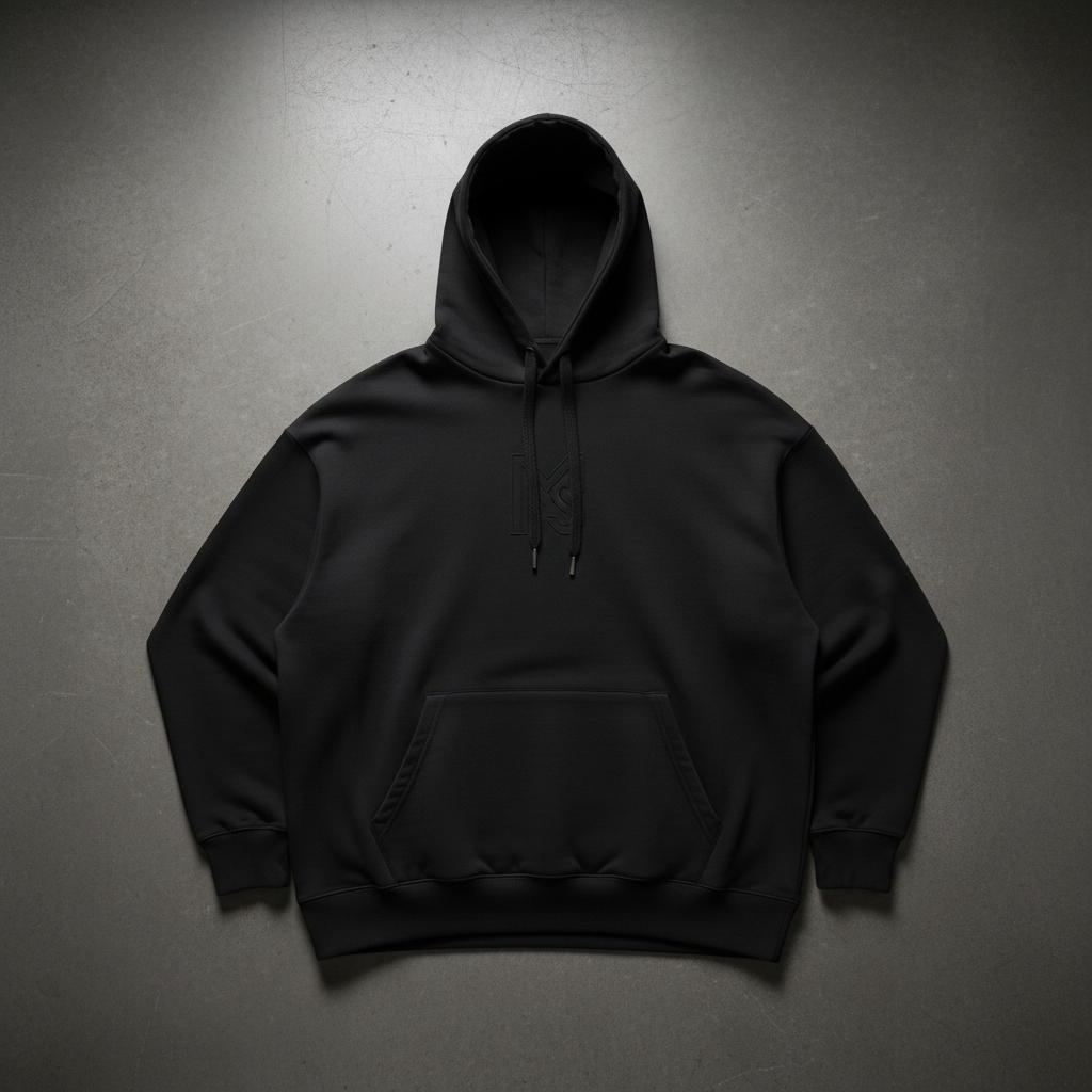 Oversized black hoodie with subtle Exodus branding