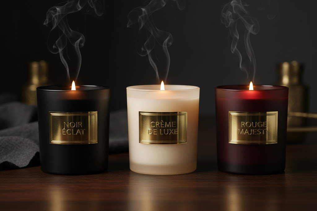 Three luxury candles with matched wax and glass in black, cream, and burgundy