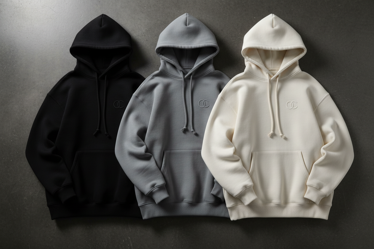 Three premium oversized hoodies in Jet Black, Stone Grey, and Off-White Cream